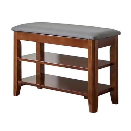 Banc de rangement pour chaussures en bois massif noble avec assise confort cuir