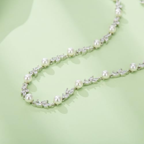 Image of EVER FAITH Cubic Zirconia Pearl Leaf Bridal Jewelry Set for Bride Women | White Wedding Prom Necklace Dangle Earrings Bracelet, for Bridesmaid
