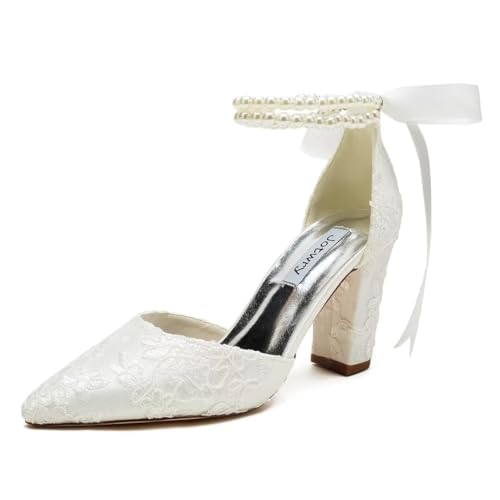 Satin Wedding Shoes for Bride Block Heel Bridal Shoes Pointed Toe Pearl Wedding Heels