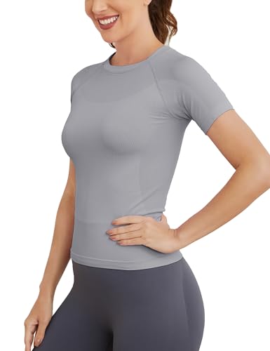 Image of MathCat Short Sleeve Workout Tops for Women, Seamless Women's Compression Shirt, Yoga Running Athletic Shirts Soft Gym Tops