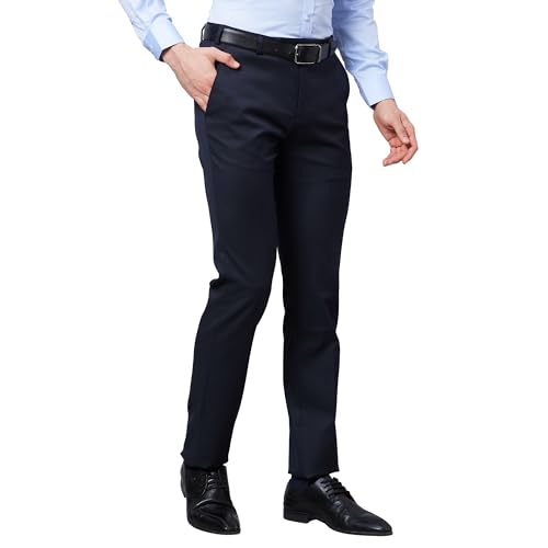 Image of Raymond Men's Slim Fit Mid Rise Poly Viscose Blend Solid Pattern Flat Front Formal Trouser