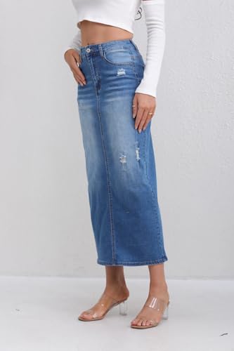 Women's High Waisted Long Denim Skirt with Back Slit Distressed Holes Stretch Whisker Wash3