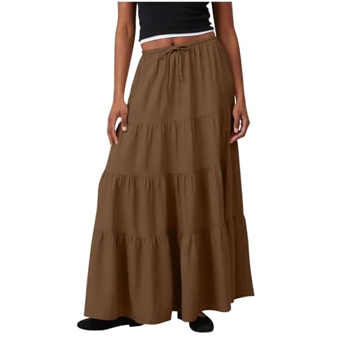 NSICBMNO Sommerröcke für Damen, Boho-Maxirock, lang, plissiert, elastische Taille, Freizeitkleider, Midi-Skaterkleid, ausgestellter gestufter...