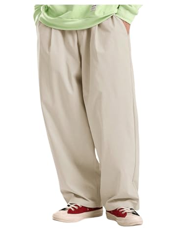 OYOANGLE Men's Wide Leg Baggy Pants Elastic Drawstring Waist Solid Casual Trousers with Pockets