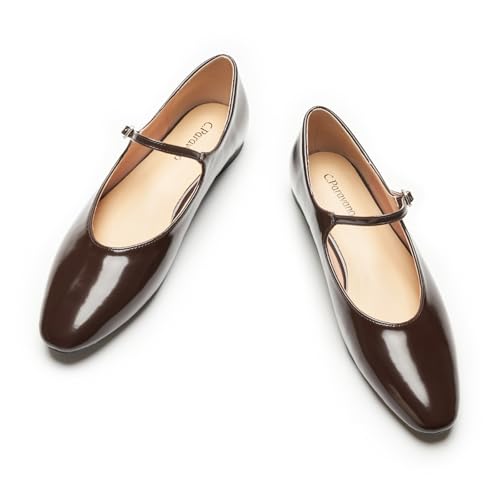 C.Paravano Women's Mary Jane Flats - Leather Ballet Flats with Strap | Comfortable Work Shoes for Women, Office, Teaching | Casual Shoes for Walking, Travel, Driving, Daily Wear(Size 6.5,Brown)