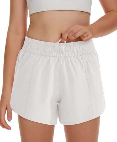DOCUMO Girl's Athletic Shorts with Liner Zipper Pockets Quick Dry Running Shorts Sports Active Shorts for Teen Girls, White, X-Small