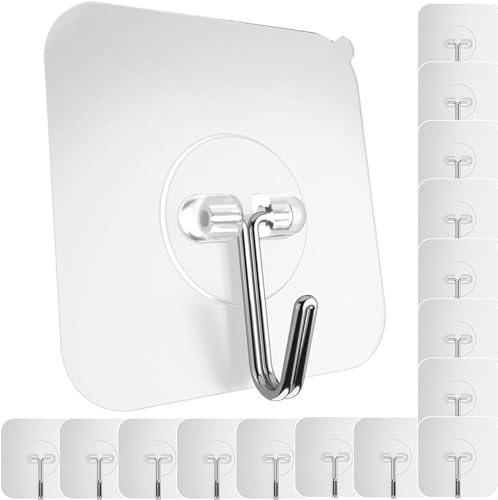 Image of TEKCOOL Adhesive Hooks for Hanging Heavy Duty Wall Hooks Self Adhesive Hooks Waterproof Transparent Hooks for Bathroom Shower Kitchen Keys Door Outdoor Home Improvement Utility Hook (Pack of 20)'