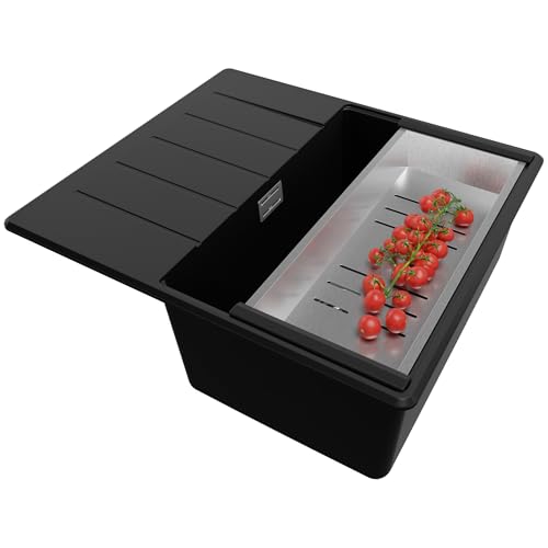 PRIMAGRAN Fregadero Cocina Negro 55x50cm, Granito 1 Seno + Sifón, Sobre encimera al mueble 40cm - Copenhague