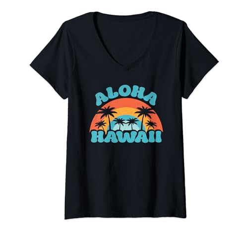 Donna Aloha Hawaii Hawaiian Palm Beach Summer Surfboard Surf Maglietta con Collo a V