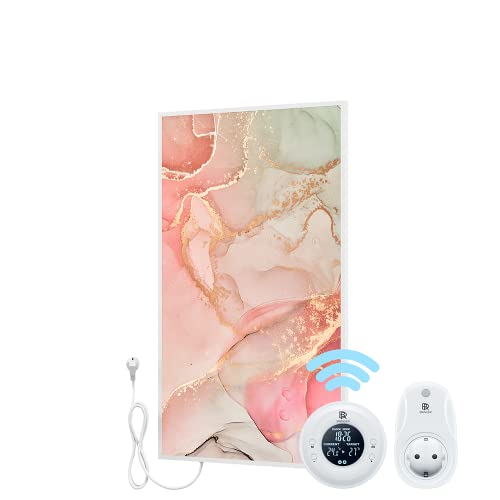 BR Bringer Bild Infrarotheizung mit Rahmen 800 Watt & Thermostat mit Fernbedienung- Bildheizung mit UV Druck- 60x100x1, 8cm- Fluid Art Marmor Optik, rosa