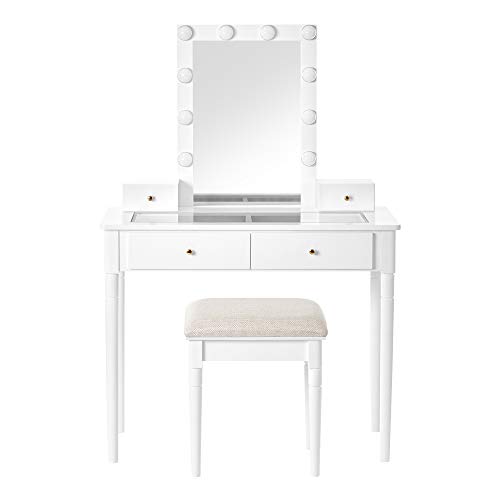 VASAGLE Vanity Set, Makeup Vanity Table with Mirror 10 Dimmable Light Bulbs, Cushioned Stool, 2 Large Drawers with Clear Tempered Glass Top and 2 Small Drawers, Gift Idea, White URDT172W01 Alaska 