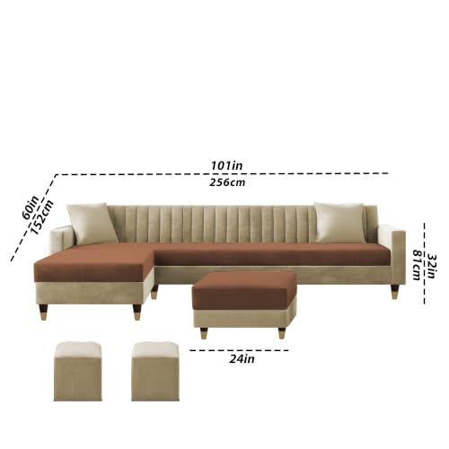Image of Casaliving Garcia LHS 8 Seater L Shape Sofa Set with Ottoman & 2 Puffy for Living Room (Cream Brown Colour) Premium Fabric Sofa Set