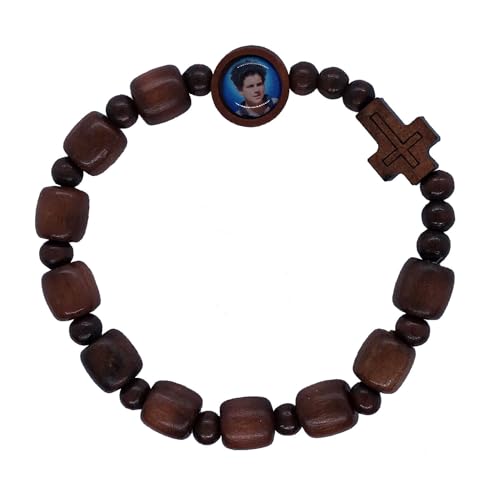 Carlo Acutis Stretch Rosary Bracelet, 9mm Brown Wood Beads, Photo Bead & Cross3