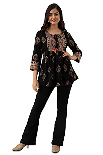 Image of DMP FASHION Women's Rayon Classic Printed Boota Top with Beautiful Tassels and Buttons at Front Black