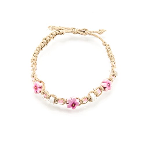 Bluerica Hemp Anklet Bracelet With Puka Shells, Glass Beads And Pink Fimo Flowers #TOP19