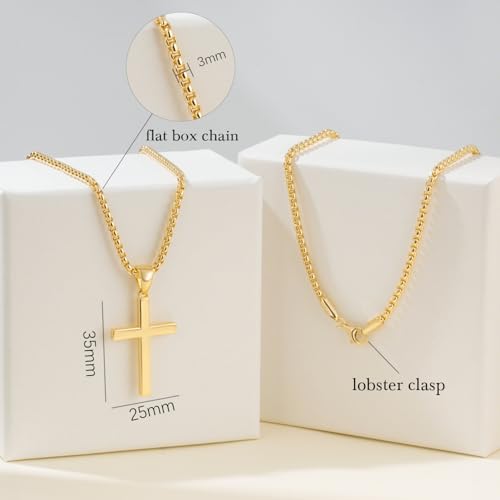 Gold Cross 14K Gold Cross Necklace for Men Crosses Pendant Necklaces for Men Crosses Chain Necklaces for Mens Simple Plain Lines with Smooth Polished Shinny Flat Box Chain Necklace Mens 20/22/24in2