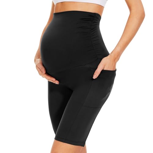 Image of QGGQDD Maternity Shorts Over Belly with Pockets – 8” Black High Waisted Pregnancy Workout Biker Shorts Women