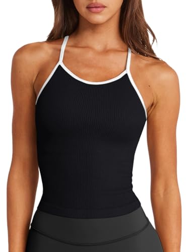 Image of LASLULU Womens Sports Bra Seamless Long Tank Spaghetti Strap Workout Bra