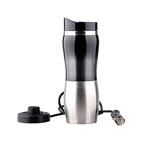 Riloer Car Heating Cup Insulated Heated Thermos Mug Tumbler for Tea Drinks Coffee Black, Stainless Steel Travel Electric Coffee Cup, 400ml/13.5oz 12V Car Heating Cup Car Heated Mug