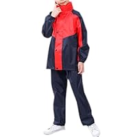 Cromoncent Girls Waterproof Rainsuit Hooded Rain Jacket Color Block Coat with Pants Set, Red Navy, 7-8 Years = Tag 2XL