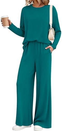KIRUNDO Spring 2 Piece Lounge Sets for Women Long Sleeve Ribbed Knit Tops Wide Leg Pants Matching Travel Outfits Postpartum