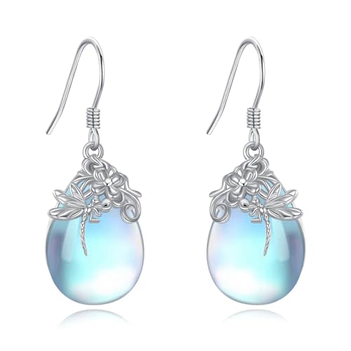 Boucles d'oreilles libellule en argent 925 et pierre de lune véritable