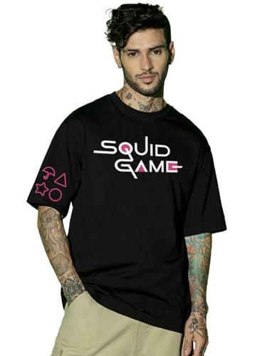 Image of Bewakoof X Squid Game Men's Cotton Graphic Print Oversized Fit Half Sleeve Round Neck T-Shirt | Casual Wear | Street Wear | Oversized t Shirt for Men Cotton | Baggy