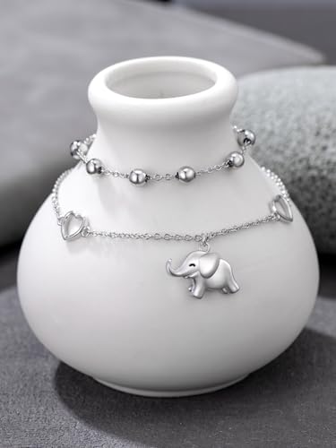 Image of 925 Sterling Silver Layered Ankle Bracelets for Women Jewelry Gifts | 925 Sterling Silver Layered Sea Turtles /Elephant /Wave Anklet Animal Bracelet Summer Ocean Beach Jewelry Gifts for Women