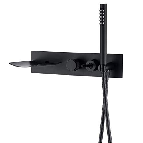 Robinet de baignoire cascade mural noir mat en laiton avec kit douchette complet