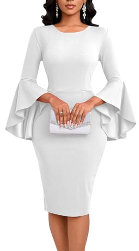 White Church Dress for Women Elegant Bodycon Ruffle Bell Sleeves