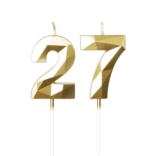Yiran 27th Birthday Candles, Gold Number 27 Happy Birthday Candles, Cake Topper Decorations for Birthday Party, Wedding Anniversary Celebration Supply