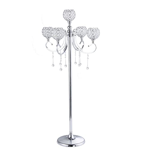 Lanlong Tall 5 Arm Silver Candelabra Floor Centerpiece, 45.3In Classic Elegant Design Candle Holder With Crystal Drops, Retro Candelabras Floor Centerpiece For Wedding Party Corridor Decoration #TOP13