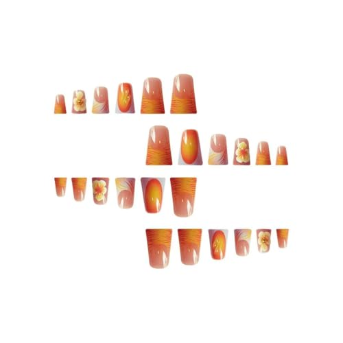 Image of Orange Press on Nails Flower Fake Nails Glossy False Nails with Design French Tip Glue on Nails Reusable Artificial Acrylic Full Cover Duck Stick on Nails for Women Girls Manicure 24Pcs