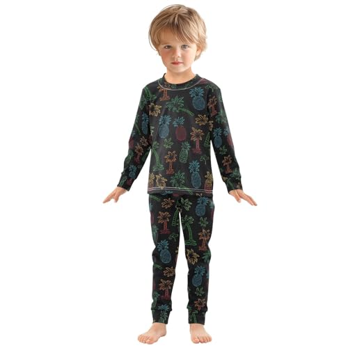 ALAZA Neon Palm Tree Pineapple Black Pajamas Long Sleeve Sleepwear 2-Piece Pajama Set3
