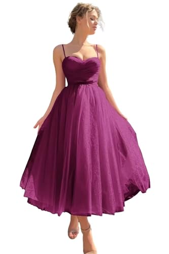 Image of A line Ruched Tulle Prom Dress Spaghetti Straps for Women, Tea Length Sweetheart Homecoming Dress Cocktail Dress
