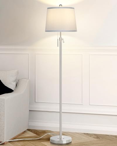 Qingmiao Stehlampe, Stehlampe Wohnzimmer mit Lampenschirm, 140-165CM Höhenverstellbare, E27 Fassung, 3 Farbtemperaturen,Moderne Stehleuchte Standleuchte für Büro Schlafzimmer(9W LED-Glühbirne)-Silber