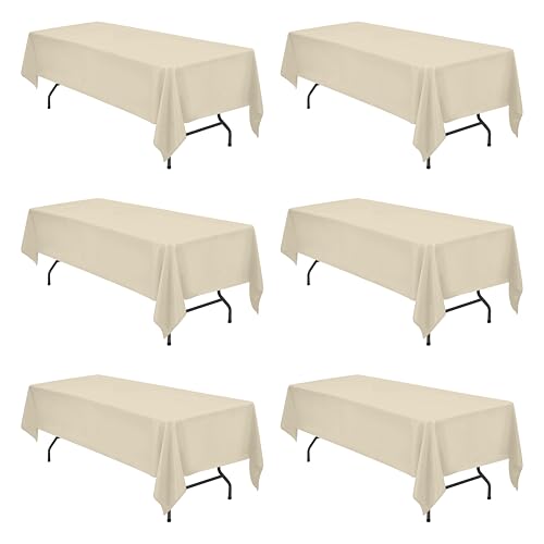 Image of BRILLMAX 6 Pack Beige Tablecloths 60 x 126 Inch for 8ft Rectangle Tables - 150 GSM Polyester Fabric, 15 inch Standard Drop, Water, Stain & Wrinkle Resistant Cloth Cover for Wedding Banquet Dining Buffet