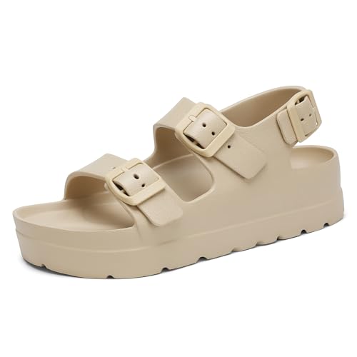 SOSOWHLTE Women's Platform Sandals with Arch Support Lightweight Chunky Comfortable Flat Slides Indoor Outdoor Beige Shoes Size 7.5-8 Female