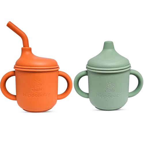 Image of HippoBaby Silicone Transition Sippy Cup for 6+ month old | Includes 1 Toddler straw cup & 1 Baby Sippy Cup with Handles 5 oz | Perfect for Baby Led Weaning (Autumn/Mint, 5 oz)