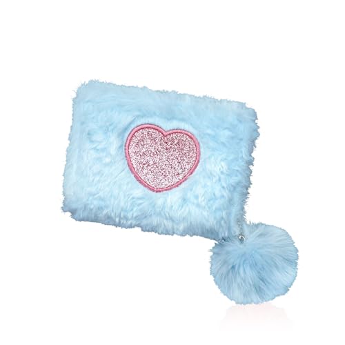 Women Wallets, Soft Plush Small Womens Wallets Small Cute Wallet for Woman, Heart-Shaped Embroidery Credit Card Holder with Zipper for Cash, Keys, ID Cards, Coin (Blue)2