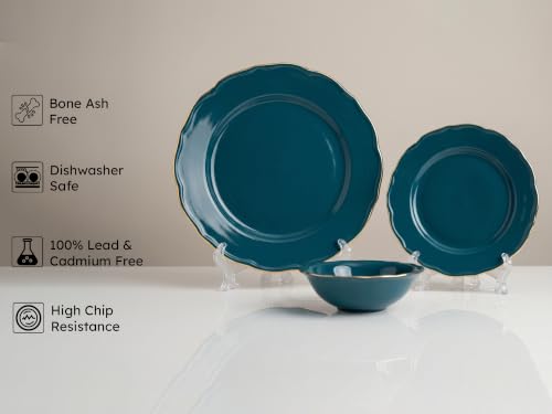 Image of Bodhi House 6-Piece Gold Rim Porcelain Dinner Set | Plates & Bowls Set | Lightweight, Chip Resistant, | Dishwasher Safe | Ideal for Home Dining, Parties & Gifting Tableware Set | Teal