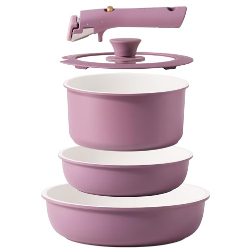 CAROTE 5pcs Pots and Pans Set Non stick,Cookware Set Detachable Handle,kitchen essentials,RV kitchen pot and pan,Induction Cookware,Oven Safe,PFOA PFOS FREE,Purple