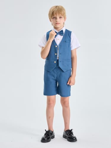 Image of LOLANTA Boys Linen Suit 4 Piece Summer Gentleman Outfit Kids Shorts Set