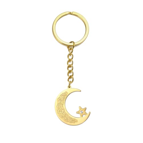 EUEAVAN Porte-clés islamique Ayatul Kursi Porte-clés musulman Croissant de lune et étoile calligraphie arabe Amulette Allah Bijoux (or)