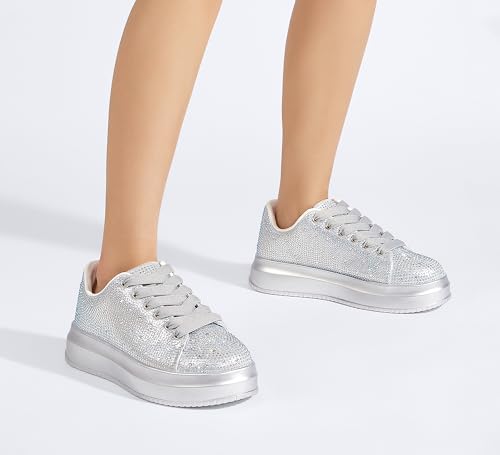 Image of LUCKY STEP Rhinestone Sneakers for Women Platform Sparkly Glitter Bling Tennis Shoes Fashion Bedazzled Wedding Bridal Party Walking Sneakers