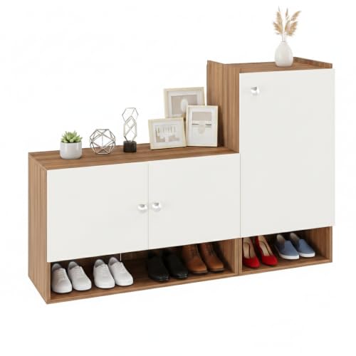 Image of FURNEASER Sinala Wooden Shoe Rack for Home with Doors & Open Shelves | Modern Shoe Cabinet Organizer for Entryway | Engineered Wood Shoe Stand with Storage (Exotic Teak & White)