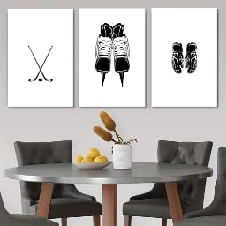 LMAIWANG 3 sztuki nowoczesnych, minimalistycznych obrazów do hokeja na lodzie z kijami hokejowymi plakaty do dekoracji ścian (70 x 100 cm x 3/bezramowe)