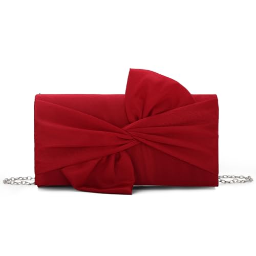 Imagen de Fecialy Bolsos de mano satinados para mujer Bolso de noche con solapa y lazo Bolsos elegantes y formales para bodas y fiestas nupciales