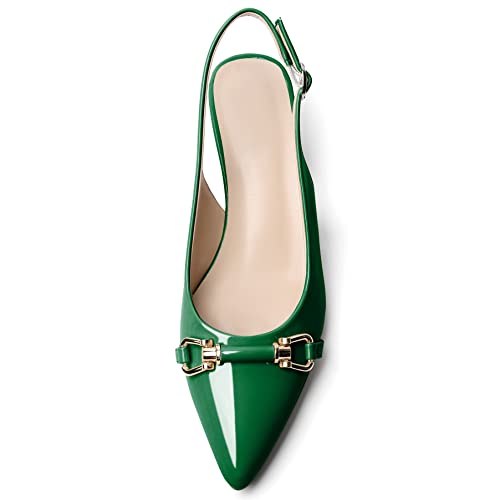 AUMOTED Women's Slingback Kitten Heels Classic Bow Pumps 1.6" Pointed Toe Ankle-Strap Low Heel for Casual Work Daily Patent Green US Size 103