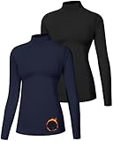 Runhit Women'S Thermal Fleece Compression Shirt Mock Neck Long Sleeve Athletic Base Layer Tops Running Workout Football Golf Cold Weather Gear Black+Navy Blue L